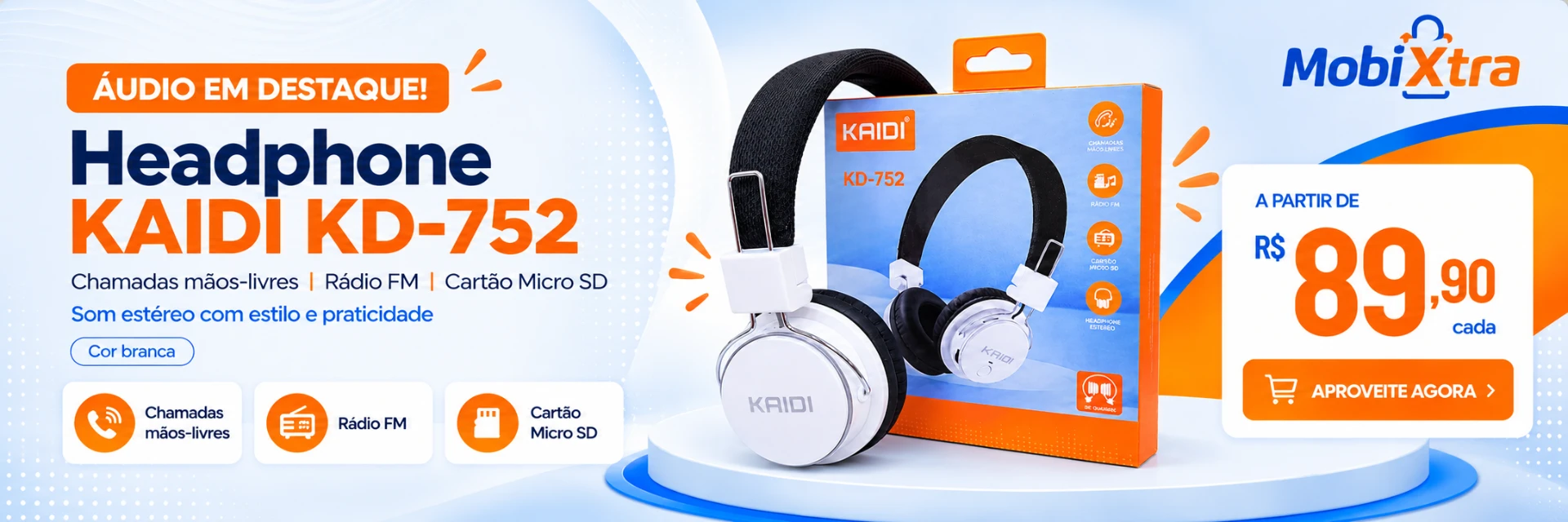 Headphone Bluetooth Kaidi KD-752 com chamadas mãos-livres, rádio FM e cartão micro SD a partir de R$ 89,90