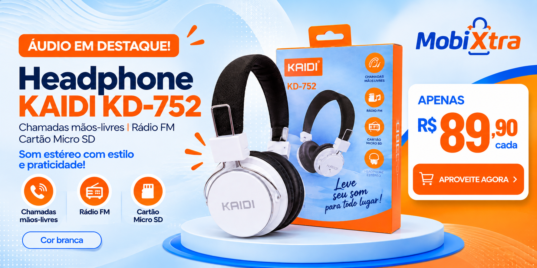 Headphone Kaidi KD-752 com chamadas mãos-livres, rádio FM e cartão micro SD por R$ 89,90